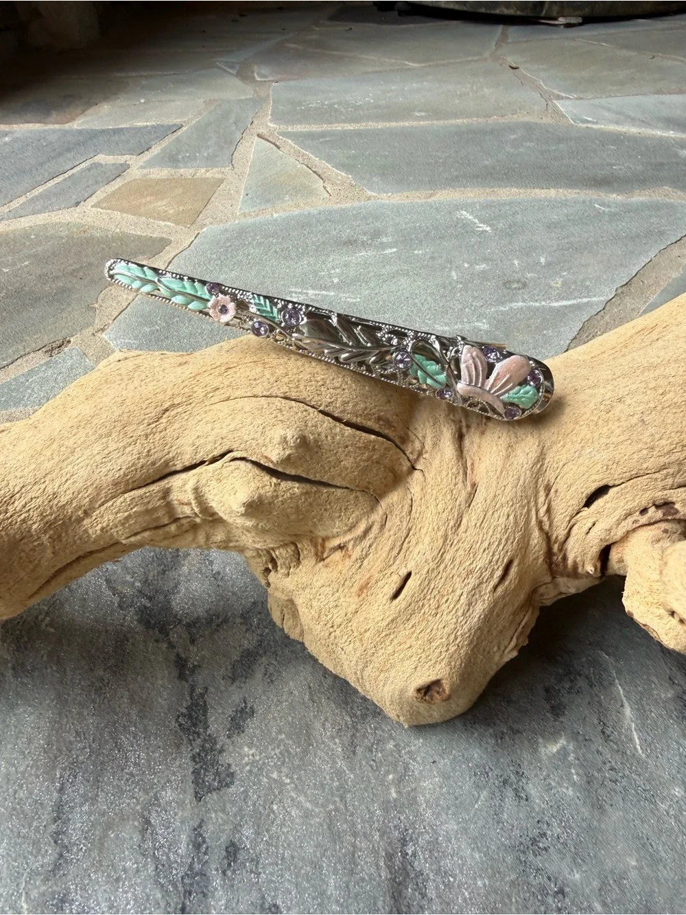 New🌟Anthropologie-Floral Silver-Tone Enamel Hair Barrette in Mint Green and Pink